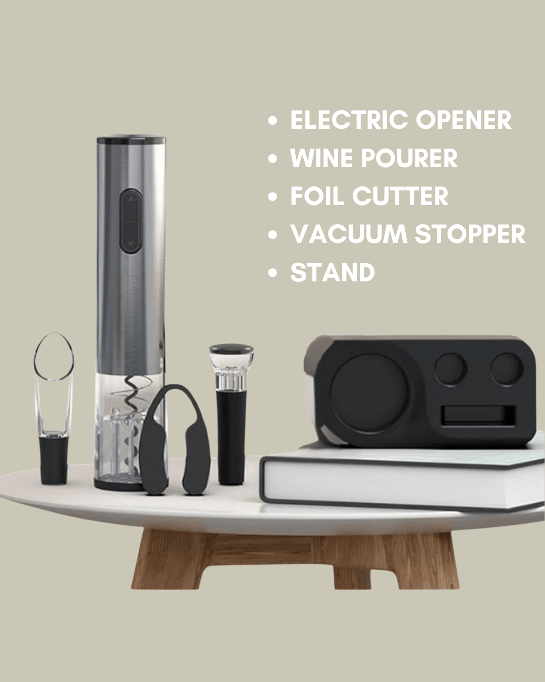 Electric wine opener set with corkscrew, foil cutter, wine stopper and pourer