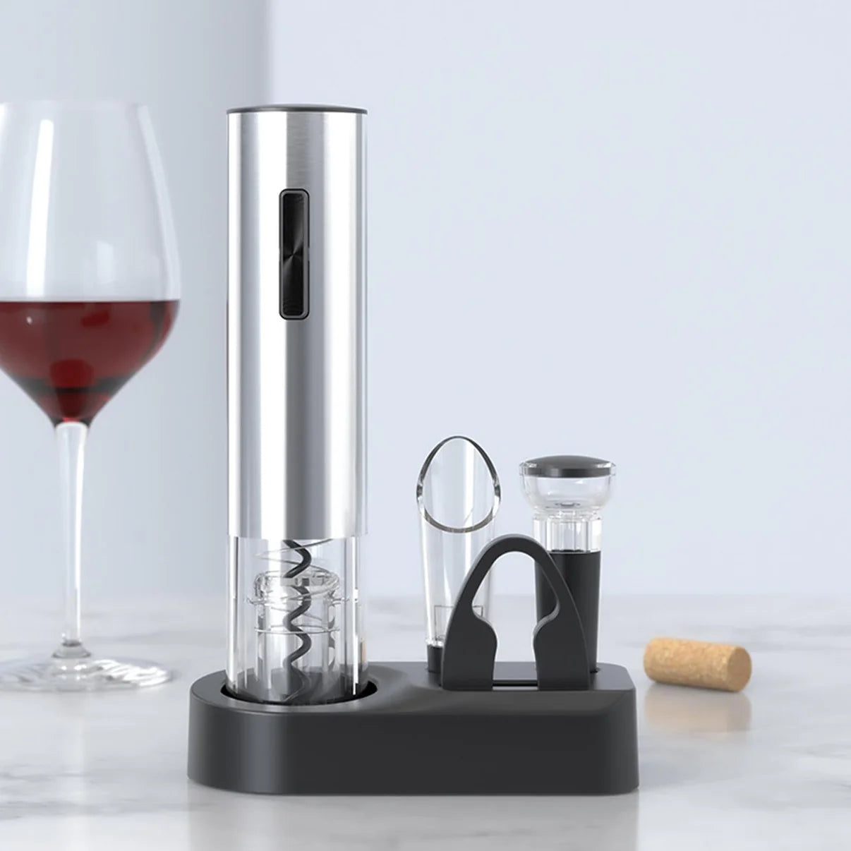Electric Wine Opener Set (Wine Pourer, Vacuum Stopper, Foil Cutter & Stand).