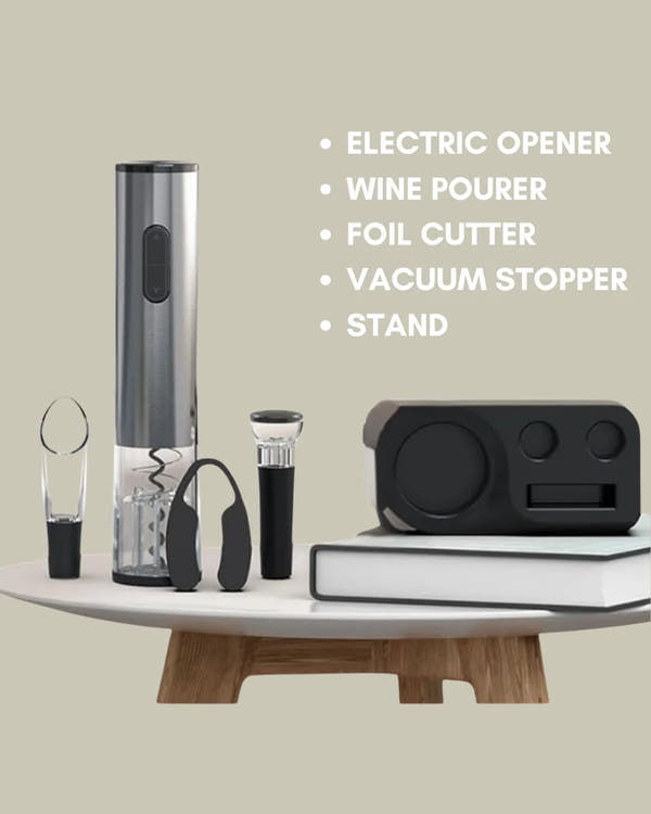 Electric Wine Opener Set (Wine Pourer, Vacuum Stopper, Foil Cutter & Stand).