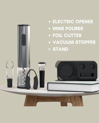 Electric Wine Opener Set (Wine Pourer, Vacuum Stopper, Foil Cutter & Stand).