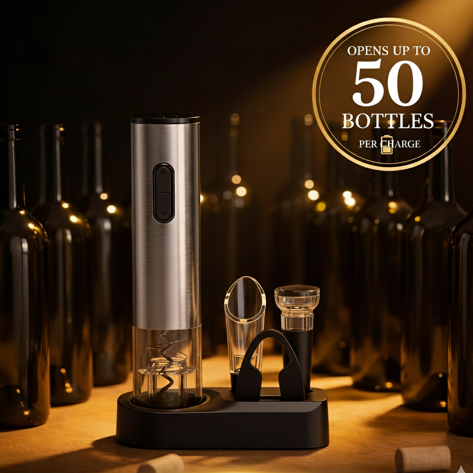 Electric wine opener with a row of wine bottles in the background, highlighting its capacity to open up to 50 bottles per charge.
