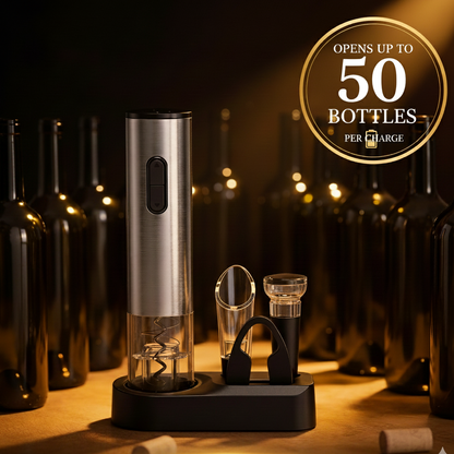 Electric wine opener with a row of wine bottles in the background, highlighting its capacity to open up to 50 bottles per charge.