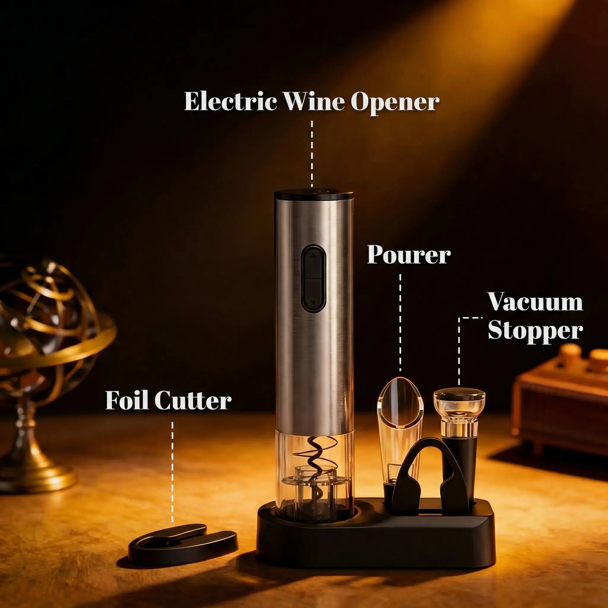 Electric Wine Opener Set (Wine Pourer, Vacuum Stopper, Foil Cutter & Stand).